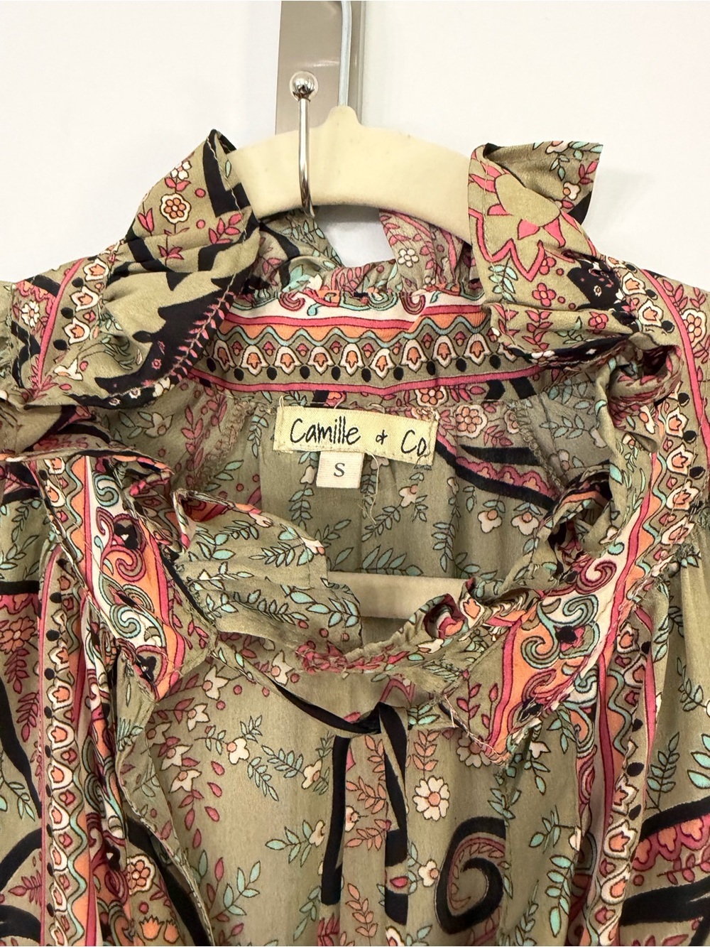 Camille & Co. Women’s Small (but loose!) Olive green paisley ruffle collar maxi - Picture 3 of 7